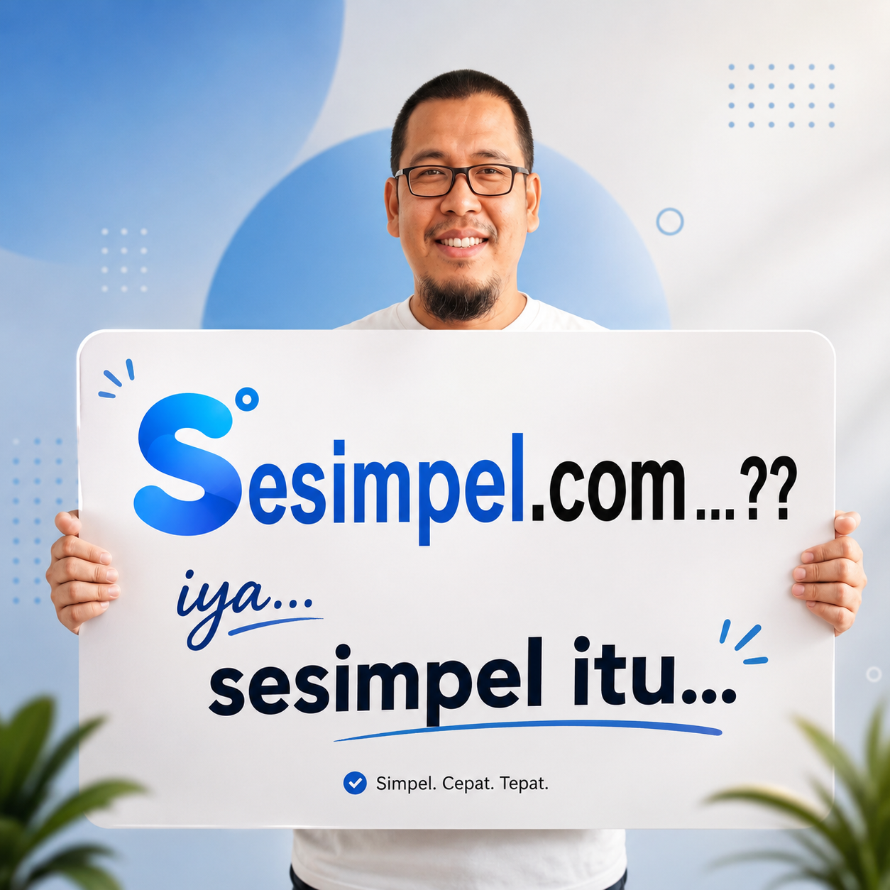 Pria tersenyum memegang papan bertuliskan Sesimpel.com...?? iya... sesimpel itu... Simpel. Cepat. Tepat.
